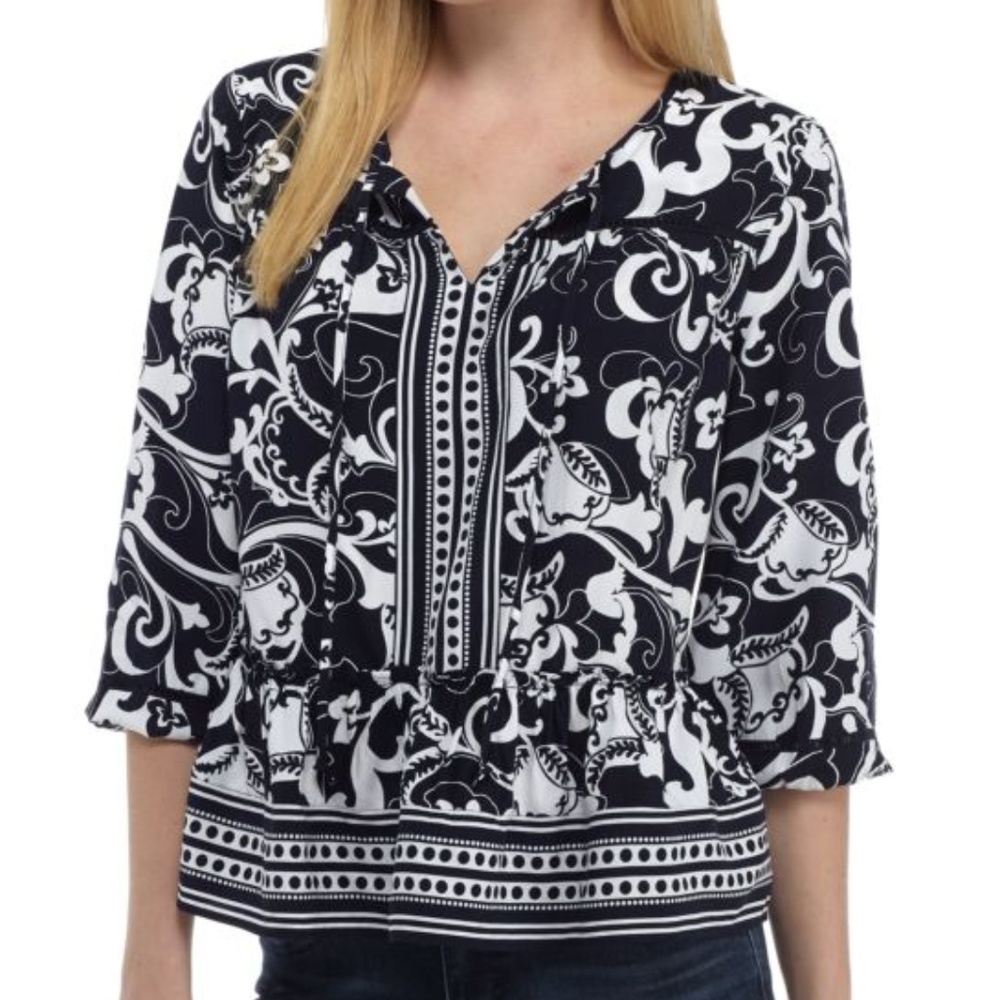 Crown & Ivy Top Flounce Peasant Navy 3/4 Sleeve